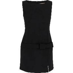 Black Crewneck Mini Dress with Bow Detail on the Front and Logo Plaque on the Rear in Tech Fabric Stretch Woman