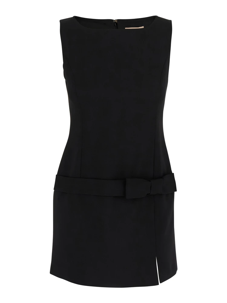 Black Crewneck Mini Dress with Bow Detail on the Front and Logo Plaque on the Rear in Tech Fabric Stretch Woman
