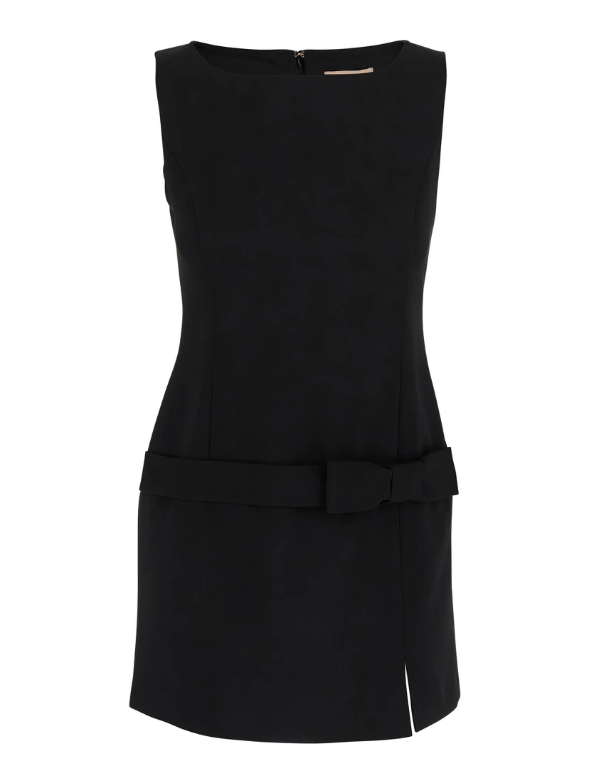 Black Crewneck Mini Dress with Bow Detail on the Front and Logo Plaque on the Rear in Tech Fabric Stretch Woman
