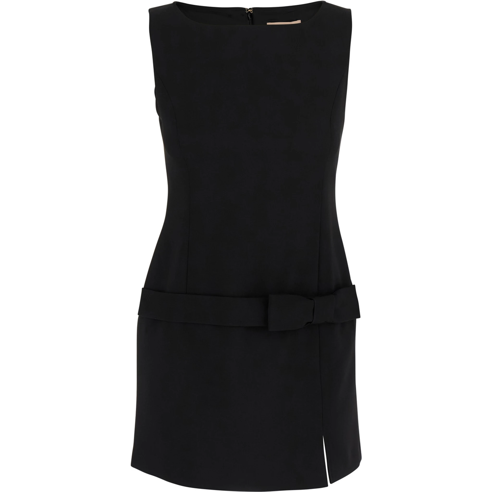 Black Crewneck Mini Dress with Bow Detail on the Front and Logo Plaque on the Rear in Tech Fabric Stretch Woman