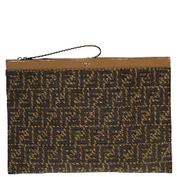 Large FF Brown Flat Pouch with Jacquard Motif in Cotton Blend Man