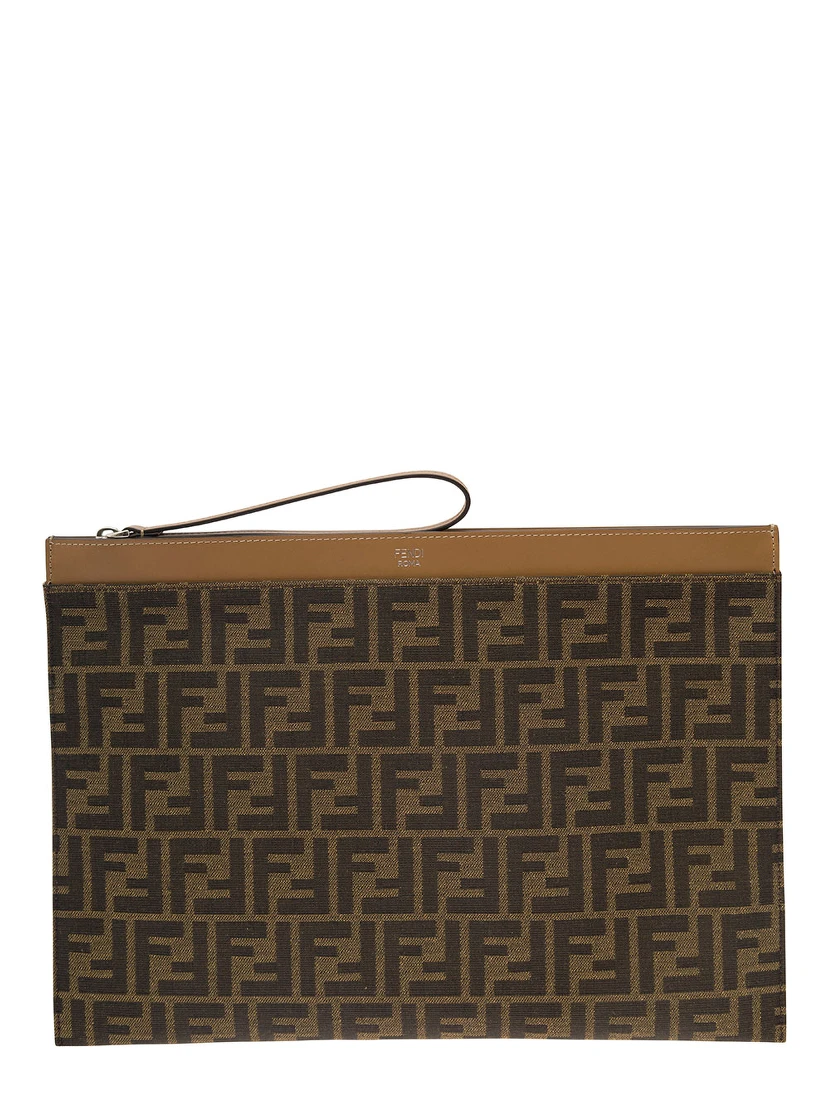 Large FF Brown Flat Pouch with Jacquard Motif in Cotton Blend Man