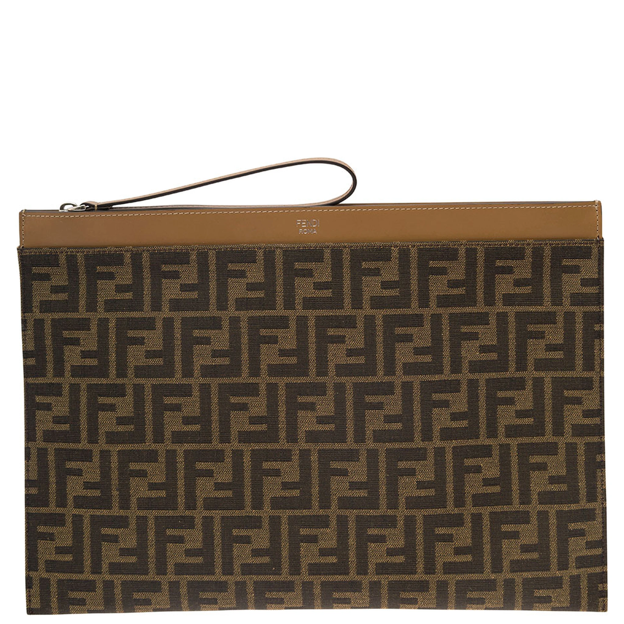 Large FF Brown Flat Pouch with Jacquard Motif in Cotton Blend Man