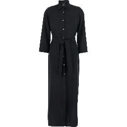 Black Long Dress with Classic Collar and Front Button Closure in Fabric Woman