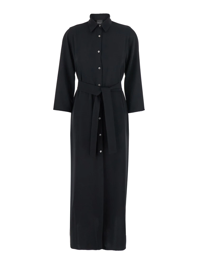 Black Long Dress with Classic Collar and Front Button Closure in Fabric Woman