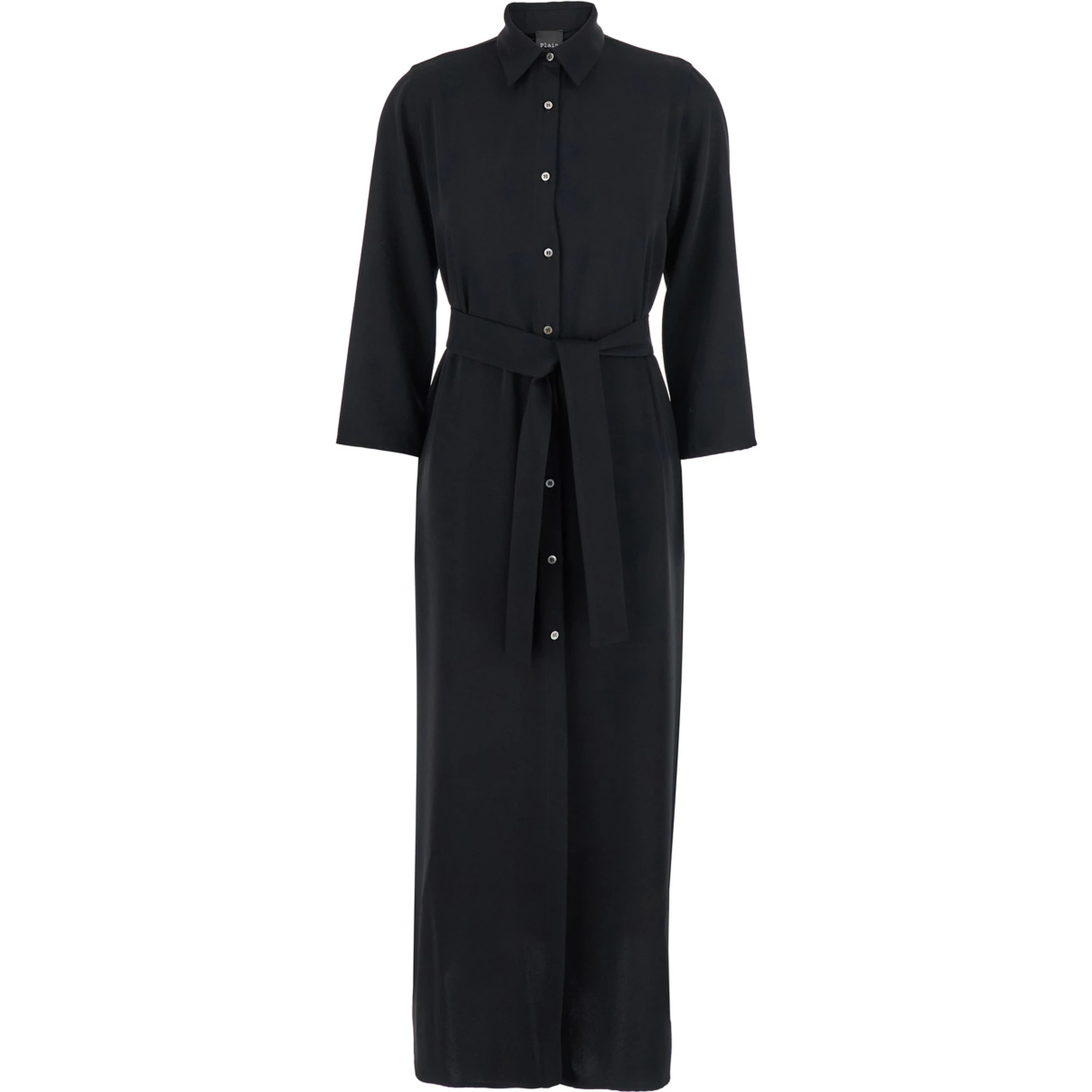 Black Long Dress with Classic Collar and Front Button Closure in Fabric Woman