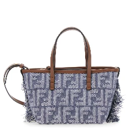 Roll Blue Mini Bag with Adjustable and Removable Shoulder Strap and Fringed Details in FF Canvas Woman