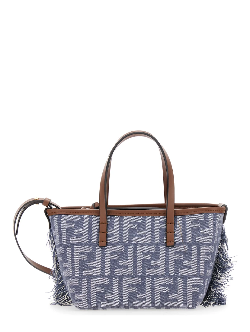 Roll Blue Mini Bag with Adjustable and Removable Shoulder Strap and Fringed Details in FF Canvas Woman