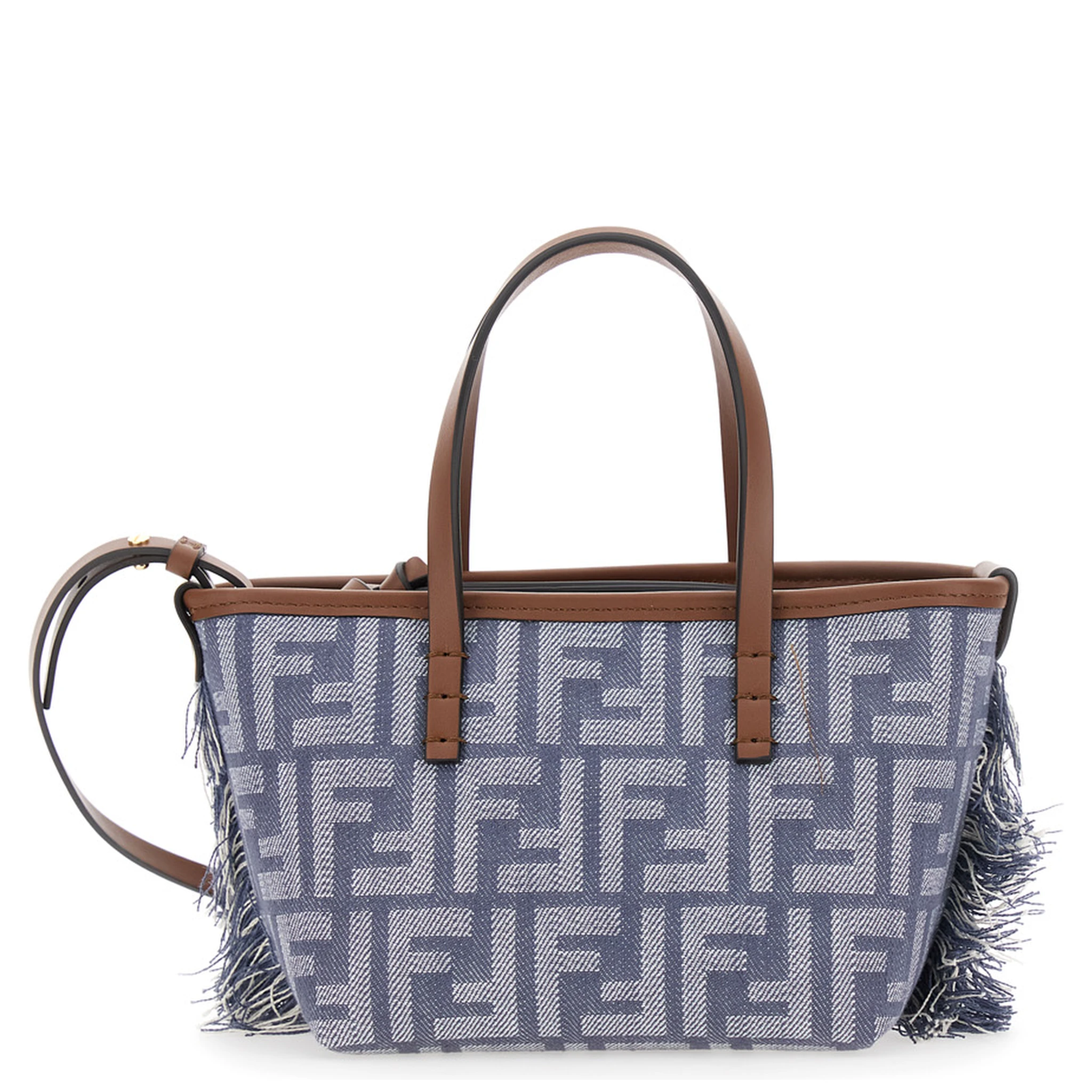 Roll Blue Mini Bag with Adjustable and Removable Shoulder Strap and Fringed Details in FF Canvas Woman