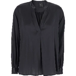Black Blouse with V Neck and Buttoned Cuffs in Silk Woman