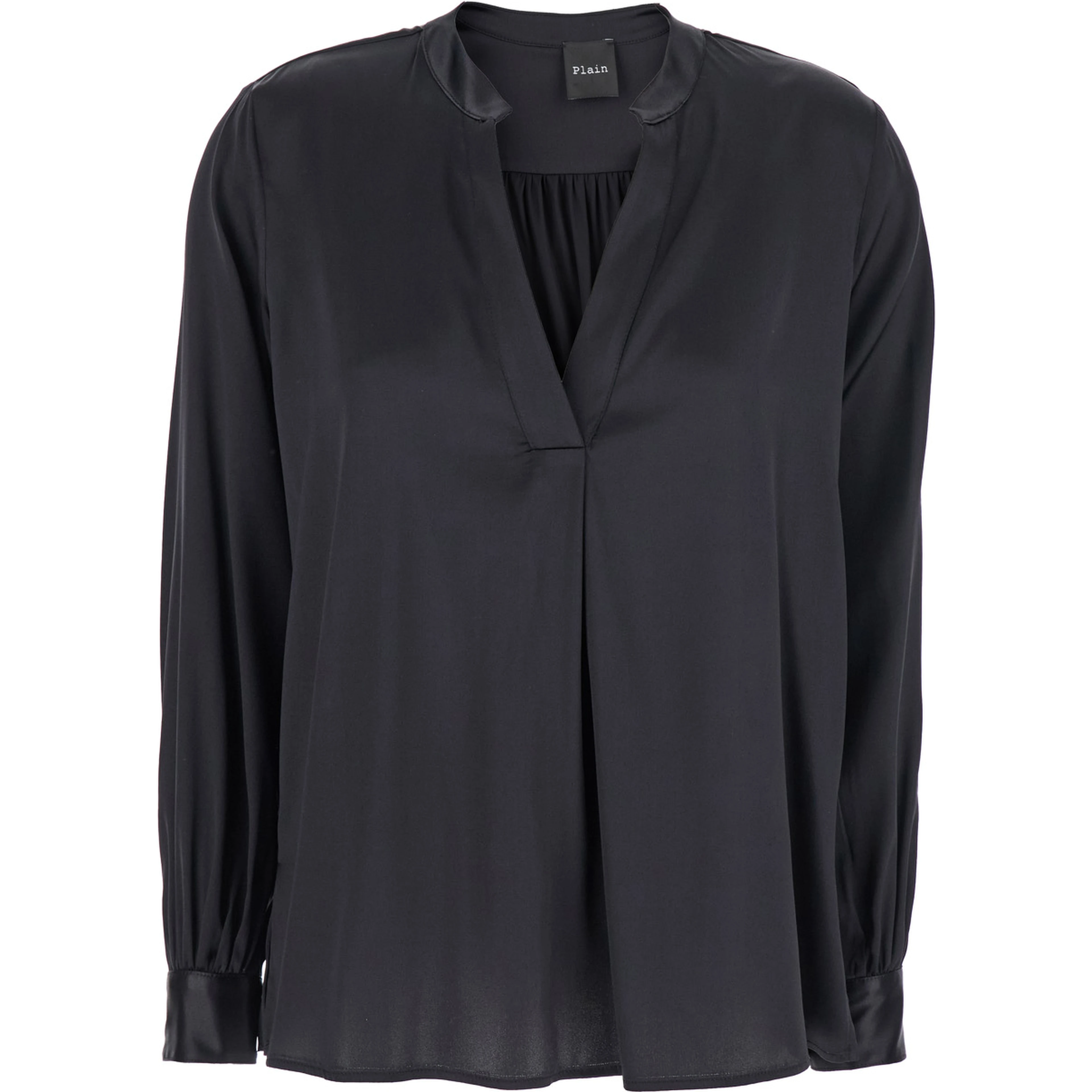 Black Blouse with V Neck and Buttoned Cuffs in Silk Woman