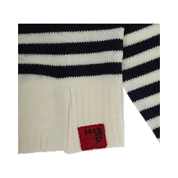 White Crew Neck Sweater with Striped Motif in Wool Blend Girl