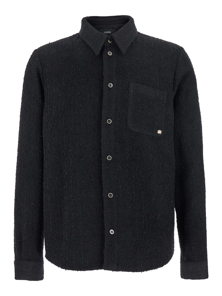 Black Shirt with Classic Collar and Logo Plaque on the Front in Fabric Man