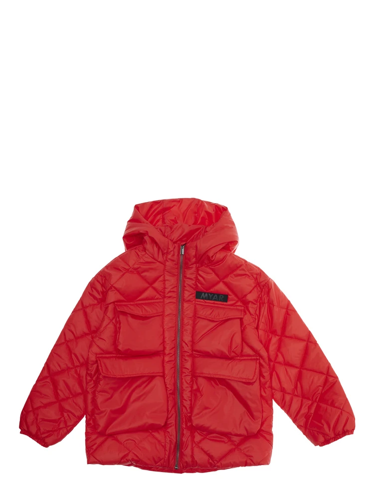 Red Jacket with Fixed Hood and Logo Patch on the Front in Tech Fabric Boy