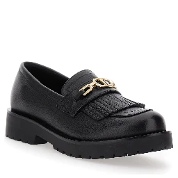 Black Loafers with Platform and Metallic Logo in Leather Woman