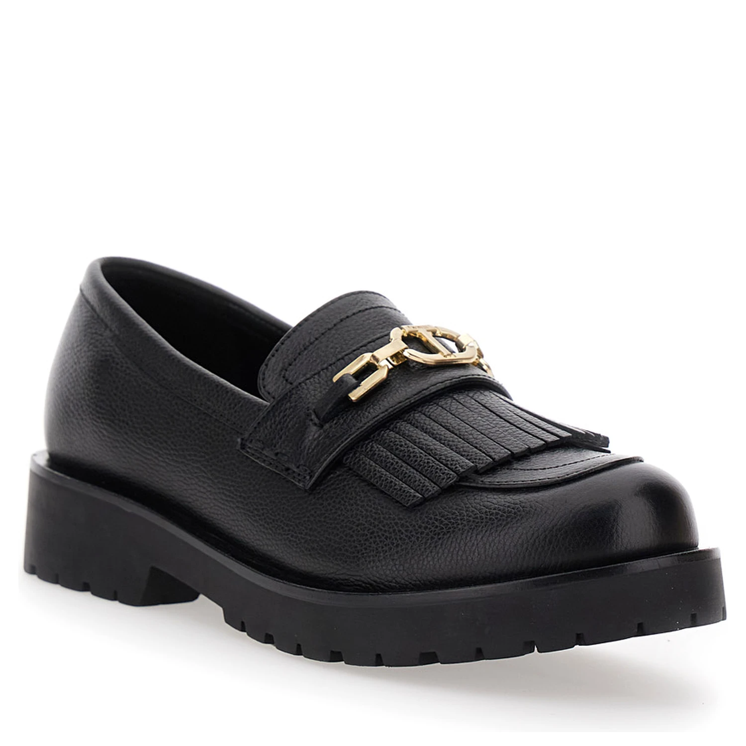 Black Loafers with Platform and Metallic Logo in Leather Woman