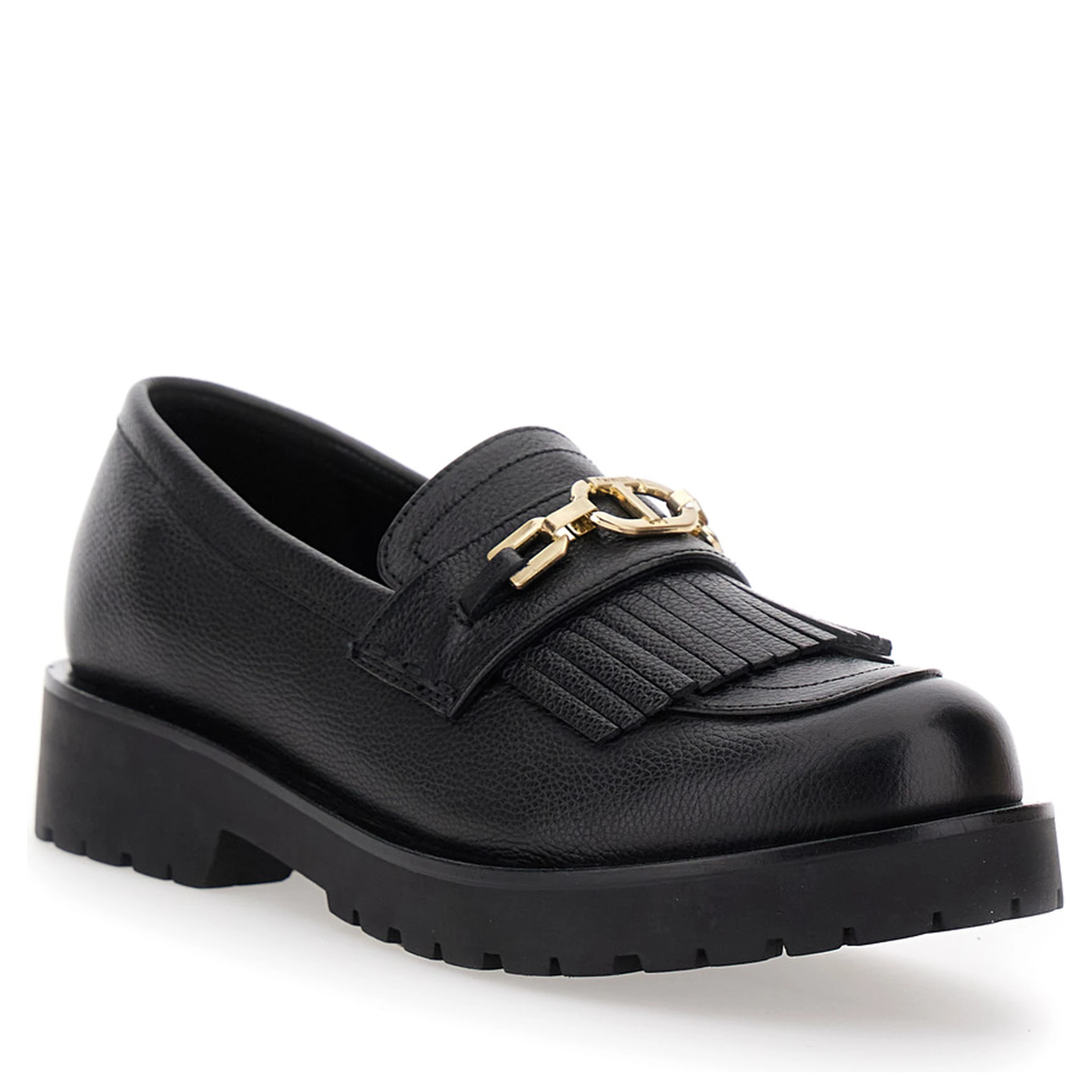 Black Loafers with Platform and Metallic Logo in Leather Woman