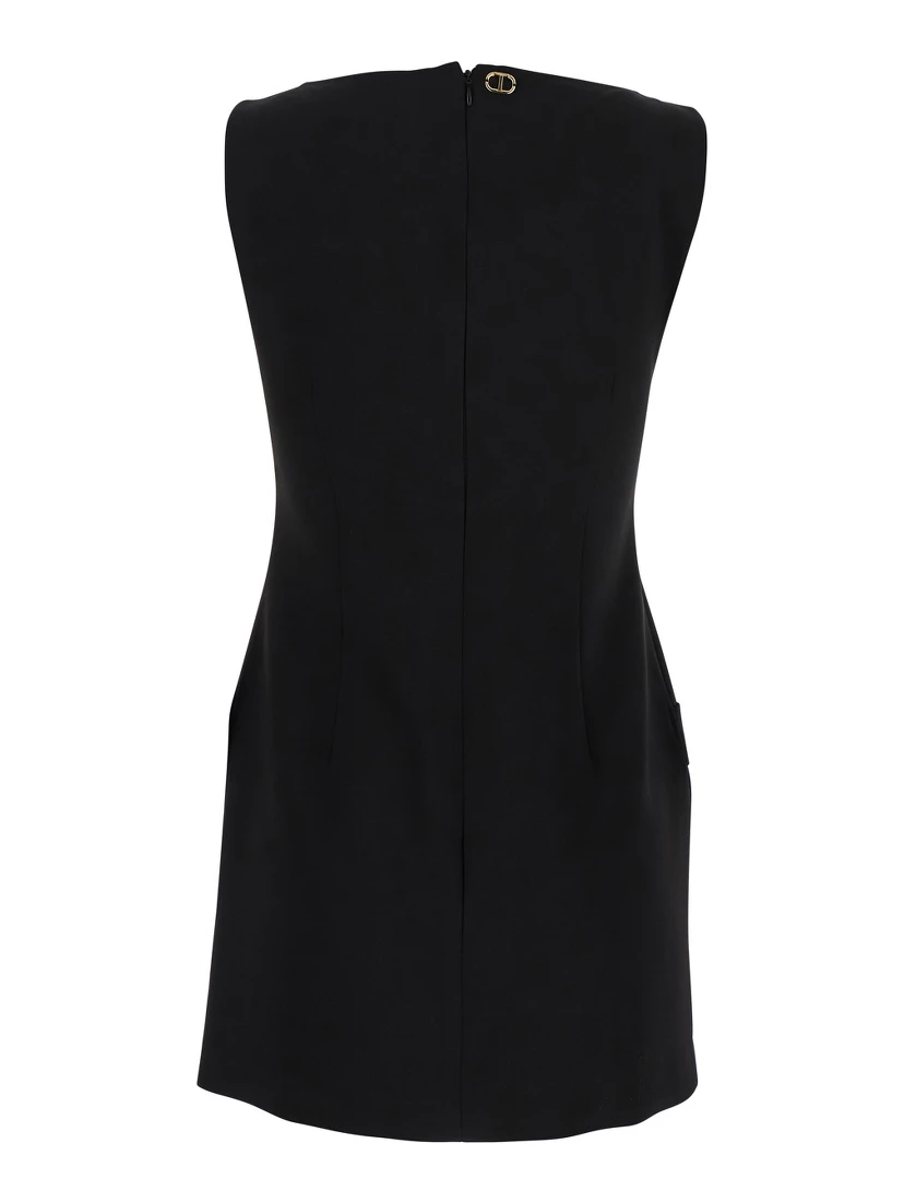 Black Crewneck Mini Dress with Bow Detail on the Front and Logo Plaque on the Rear in Tech Fabric Stretch Woman