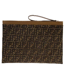 Large FF Brown Flat Pouch with Jacquard Motif in Cotton Blend Man