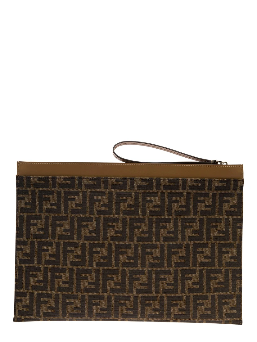 Large FF Brown Flat Pouch with Jacquard Motif in Cotton Blend Man
