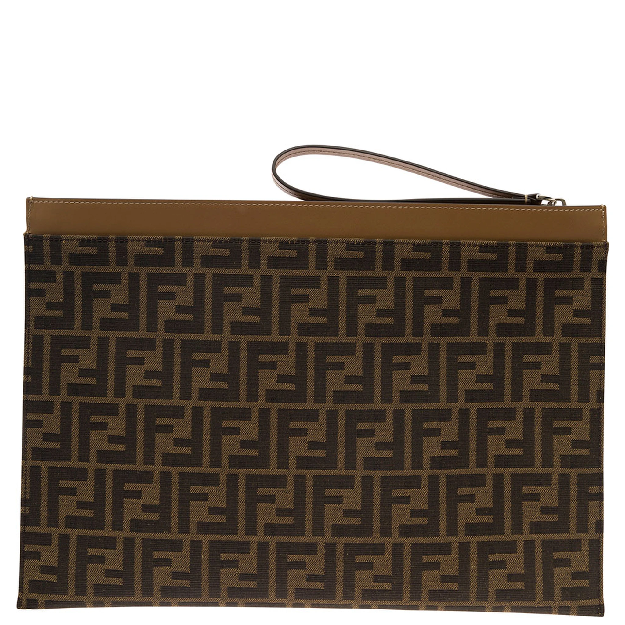Large FF Brown Flat Pouch with Jacquard Motif in Cotton Blend Man