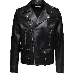 Black Biker Jacket with Zipped Pockets in Smooth Leather Man