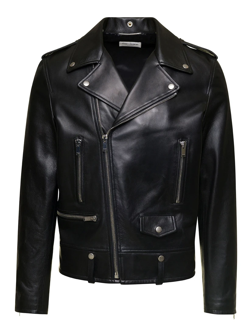 Black Biker Jacket with Zipped Pockets in Smooth Leather Man