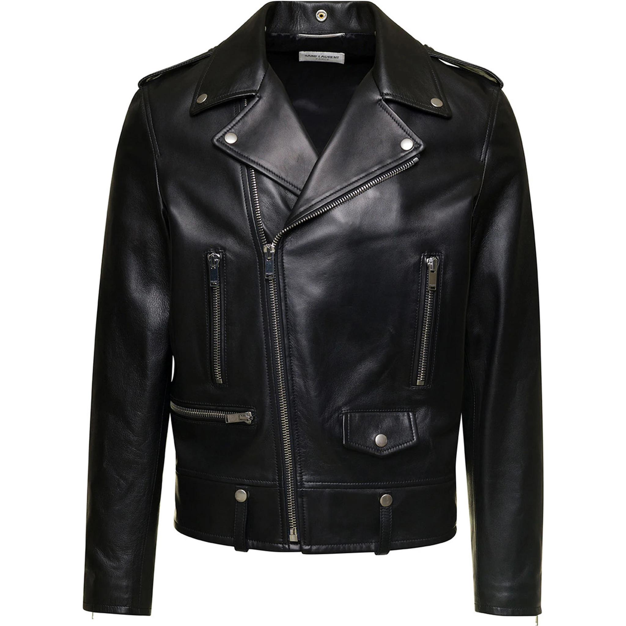 Black Biker Jacket with Zipped Pockets in Smooth Leather Man