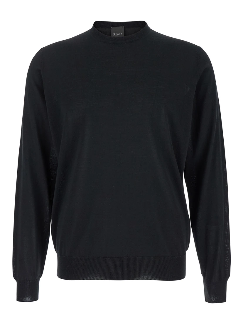 Black Crewneck Sweater with Ribbed Trims in Wool Man