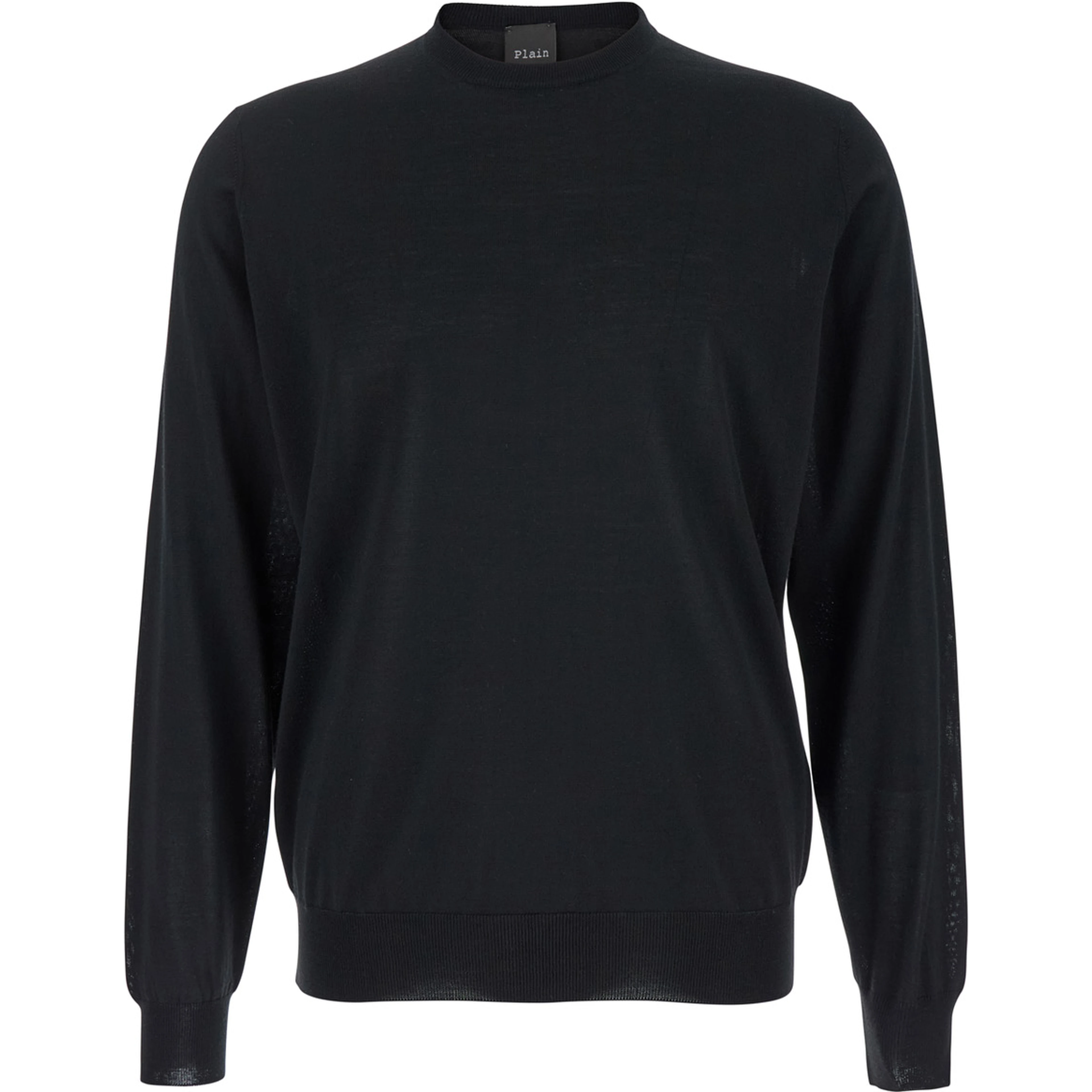 Black Crewneck Sweater with Ribbed Trims in Wool Man