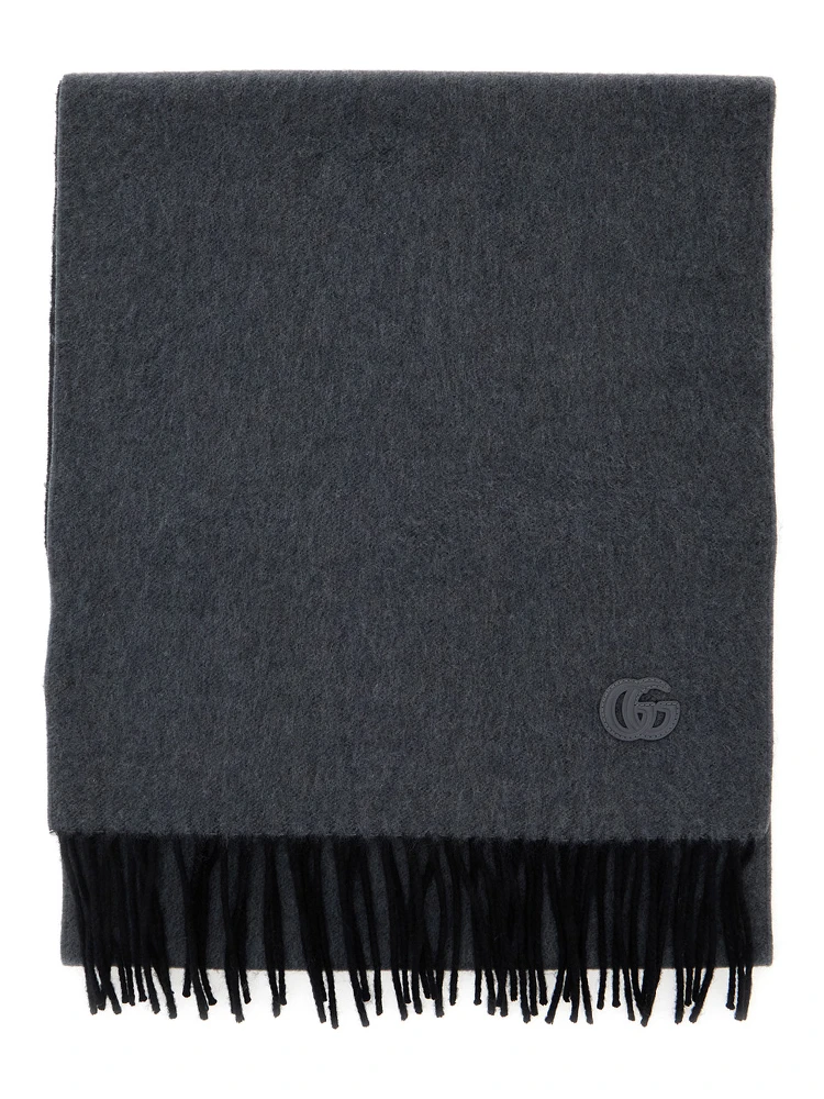 Grey Scarf with GG Patch on the Front and Fringed Hem in Cashmere Man