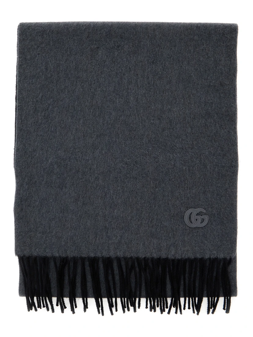 Grey Scarf with GG Patch on the Front and Fringed Hem in Cashmere Man