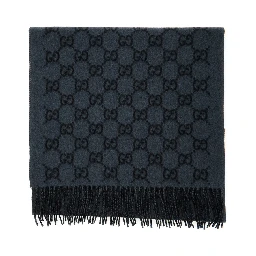 Grey Scarf with Fringed Hem and GG Motif Jacquard in Cashmere Man