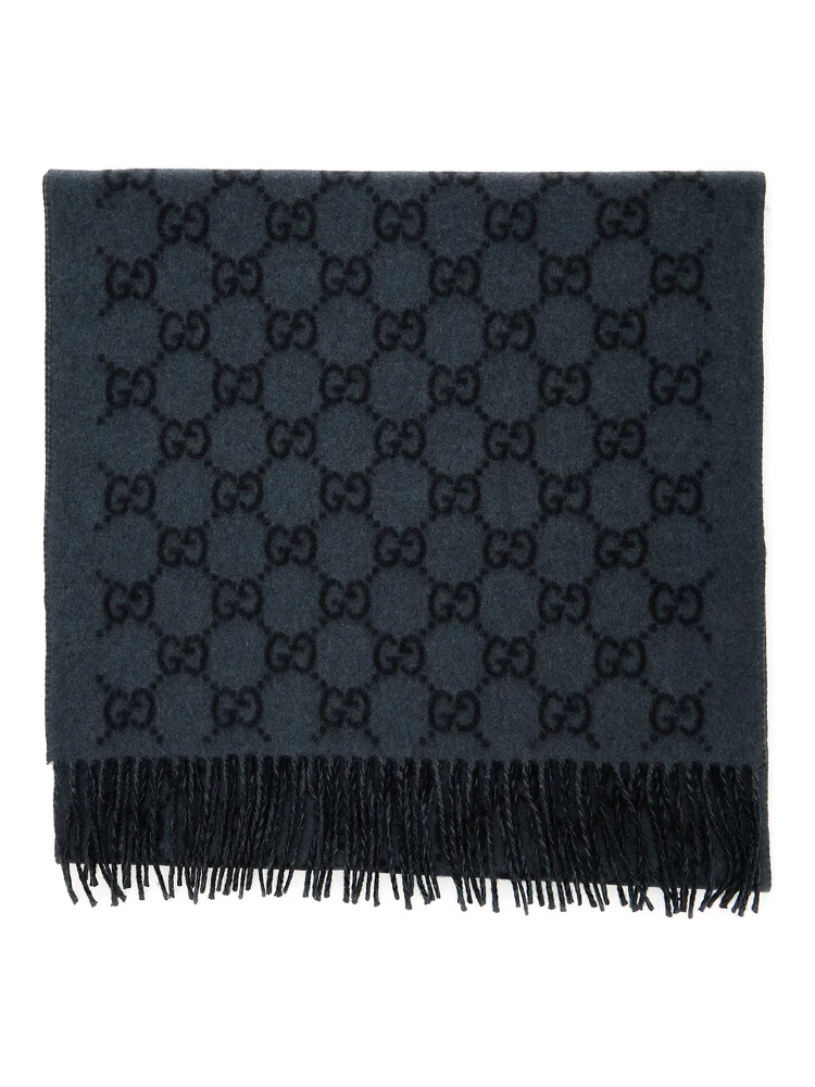 Grey Scarf with Fringed Hem and GG Motif Jacquard in Cashmere Man