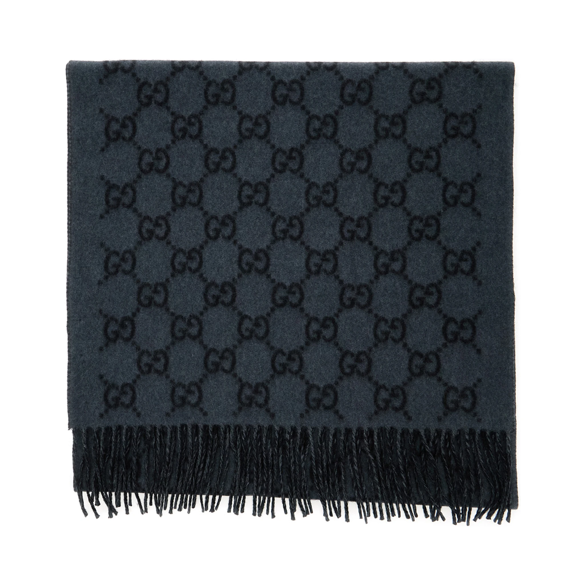 Grey Scarf with Fringed Hem and GG Motif Jacquard in Cashmere Man