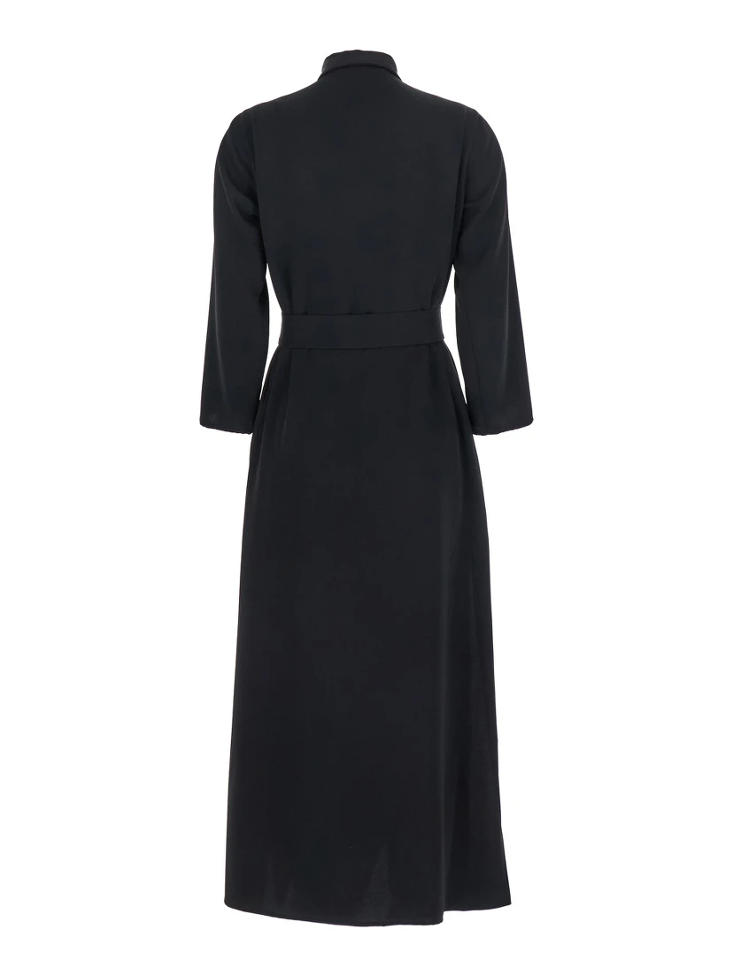 Black Long Dress with Classic Collar and Front Button Closure in Fabric Woman