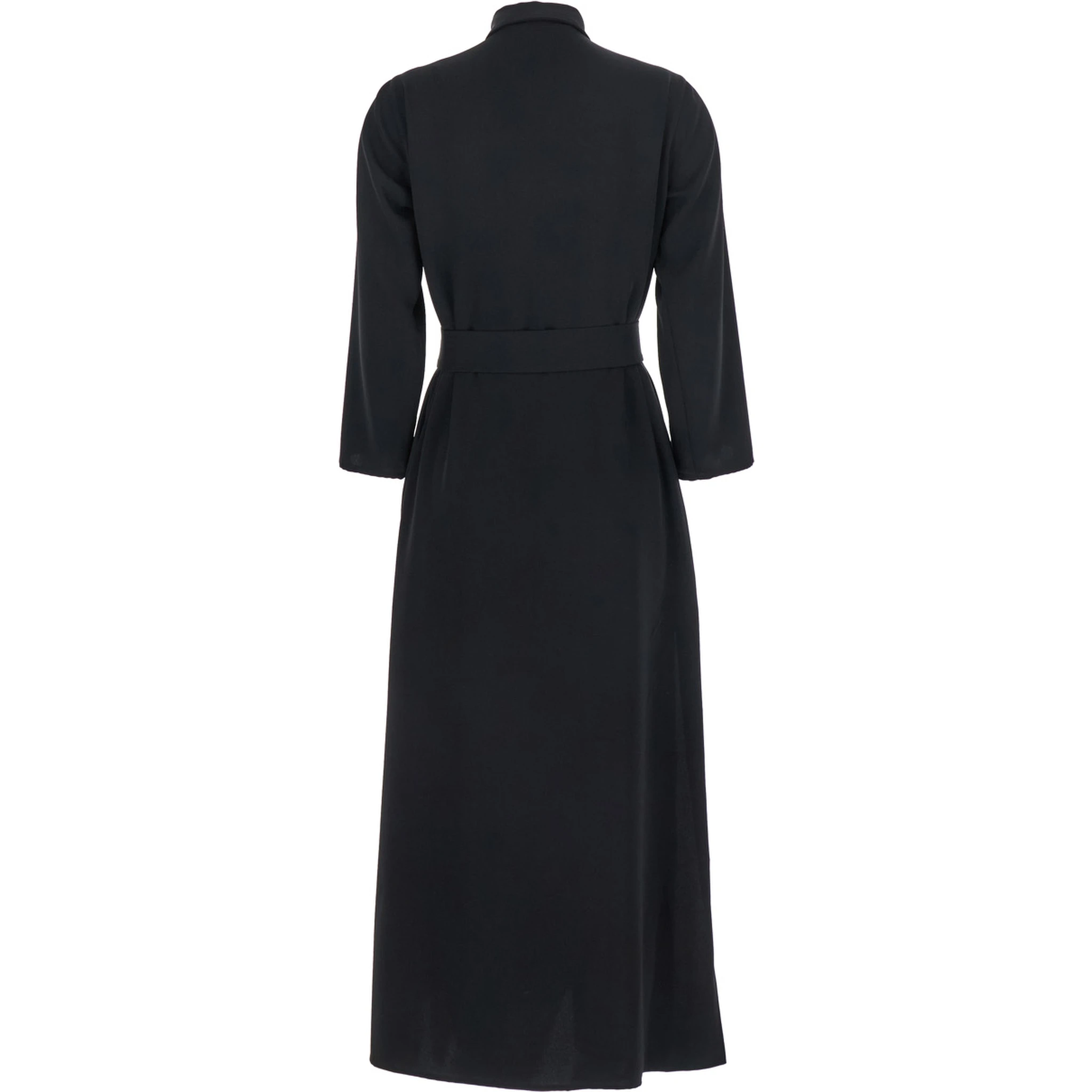 Black Long Dress with Classic Collar and Front Button Closure in Fabric Woman