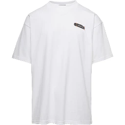 White Crewneck T-Shirt with Skate Logo Print in Jersey Man