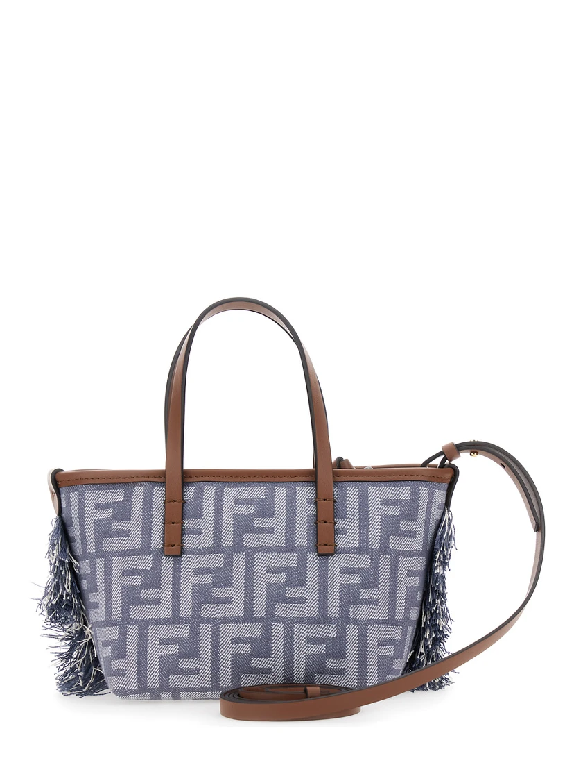 Roll Blue Mini Bag with Adjustable and Removable Shoulder Strap and Fringed Details in FF Canvas Woman