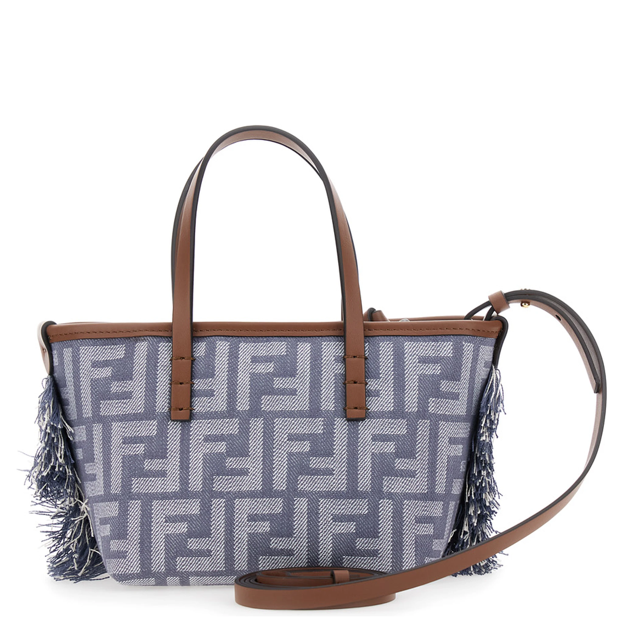 Roll Blue Mini Bag with Adjustable and Removable Shoulder Strap and Fringed Details in FF Canvas Woman
