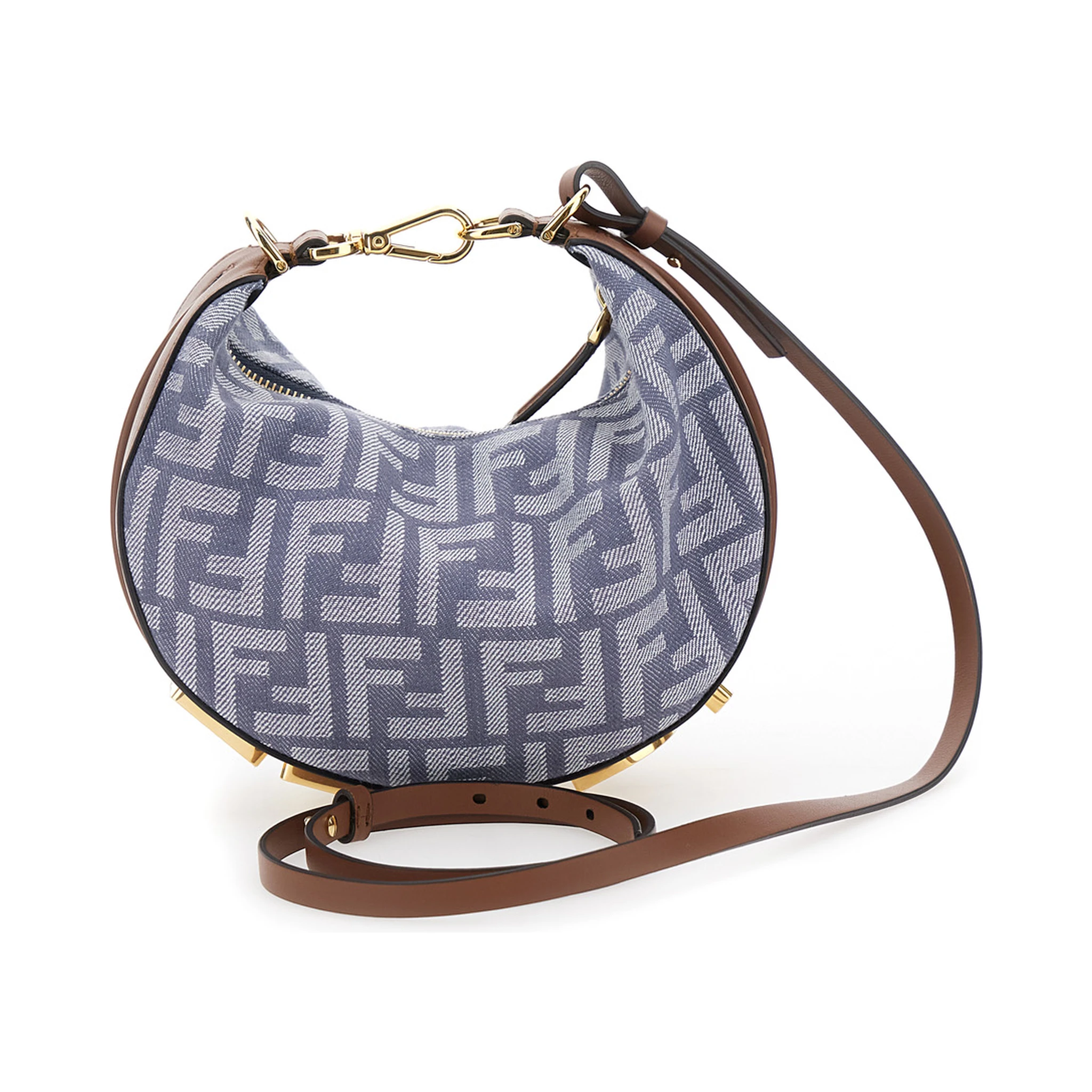 Fendigraphy Blue Mini Handbag with Logo Lettering and All-Over FF Motif in Cotton Blend Woman