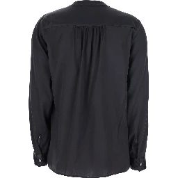 Black Blouse with V Neck and Buttoned Cuffs in Silk Woman