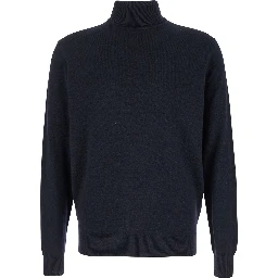 Dark Blue Turtleneck Sweater in Merino Wool and Silk Blend Man