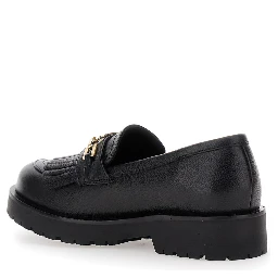 Black Loafers with Platform and Metallic Logo in Leather Woman