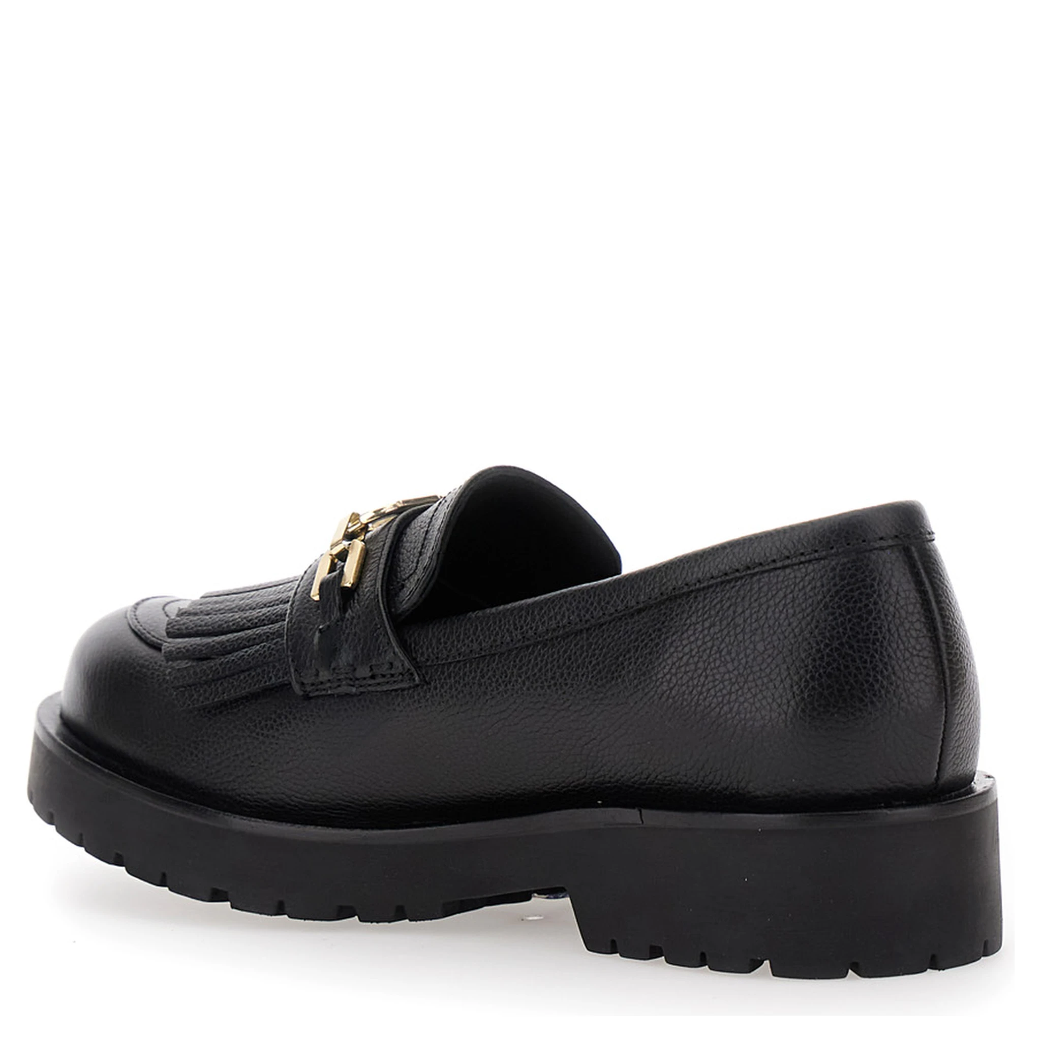 Black Loafers with Platform and Metallic Logo in Leather Woman