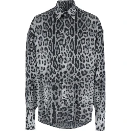 Grey Shirt with Leopard Print All-Over and Logo Lettering in Silk Man