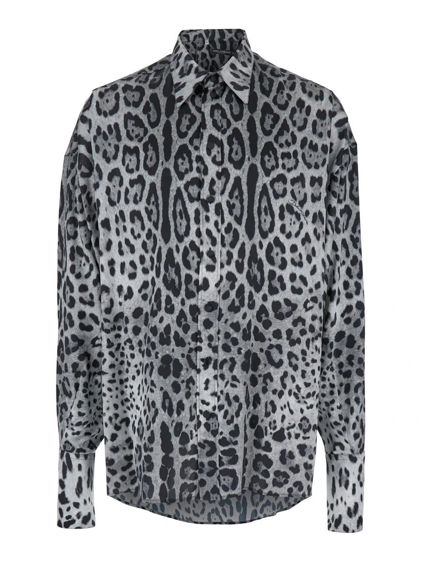 Grey Shirt with Leopard Print All-Over and Logo Lettering in Silk Man