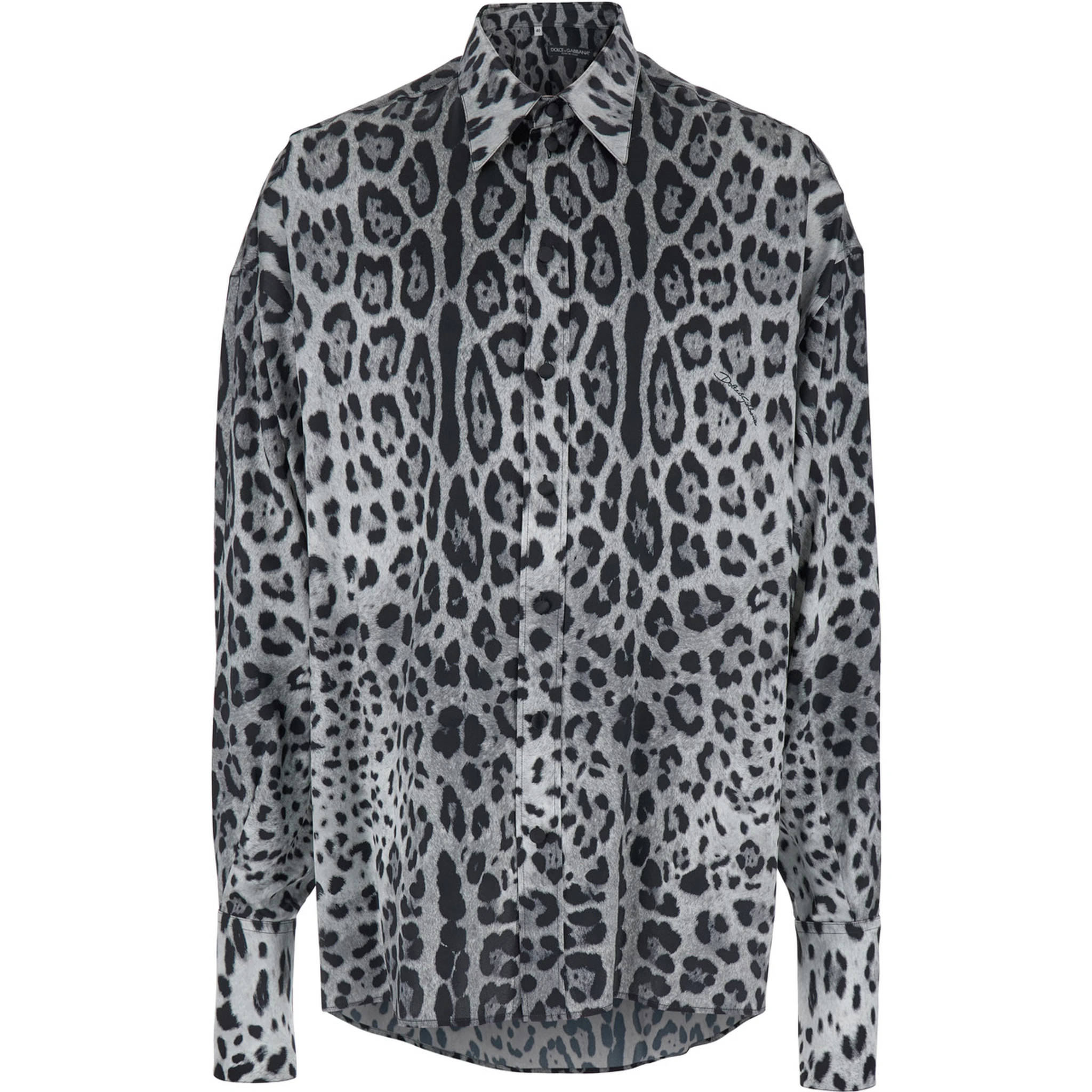 Grey Shirt with Leopard Print All-Over and Logo Lettering in Silk Man