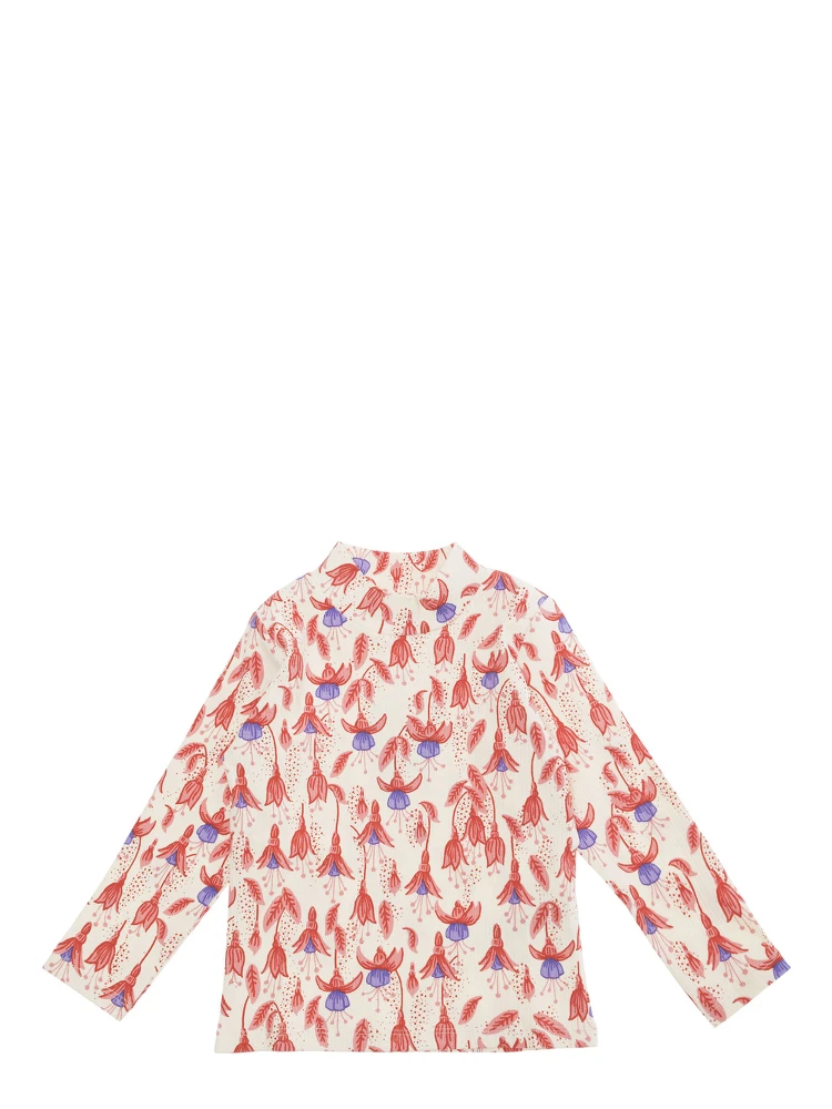 Red T-Shirt with High Neck and All-Over Floral Motif in Cotton Stretch Girl