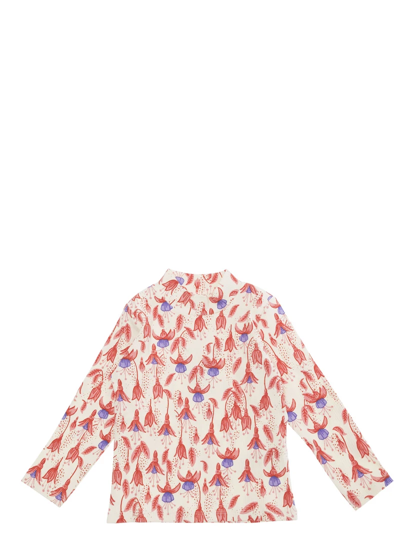 Red T-Shirt with High Neck and All-Over Floral Motif in Cotton Stretch Girl